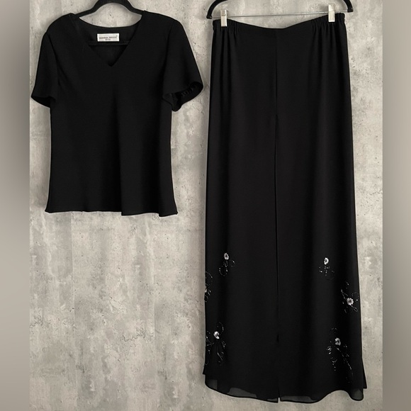 VTG Donna Ricco 2Pc Blk Evening Gown Blouse Chiffon Slit Overlay Skirt Dress S12 - Picture 12 of 13